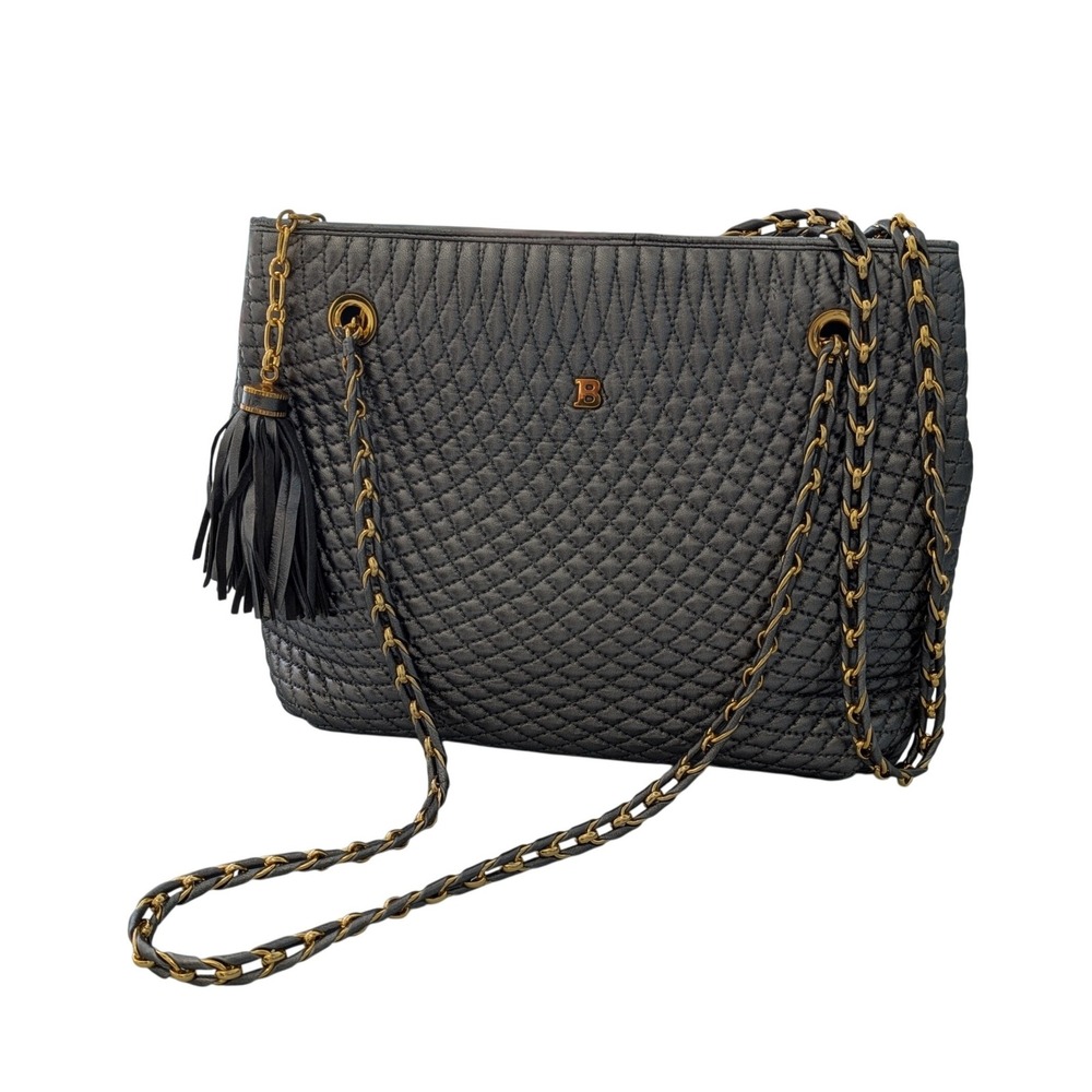 Bally Vintage Metallic Grey Quilted Leather Tassel Chain Shoulder Bag 10138498